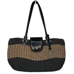 Brighton Savannah Straw Woven Tote Bag Black Heart Charm Leather Handbag Purse